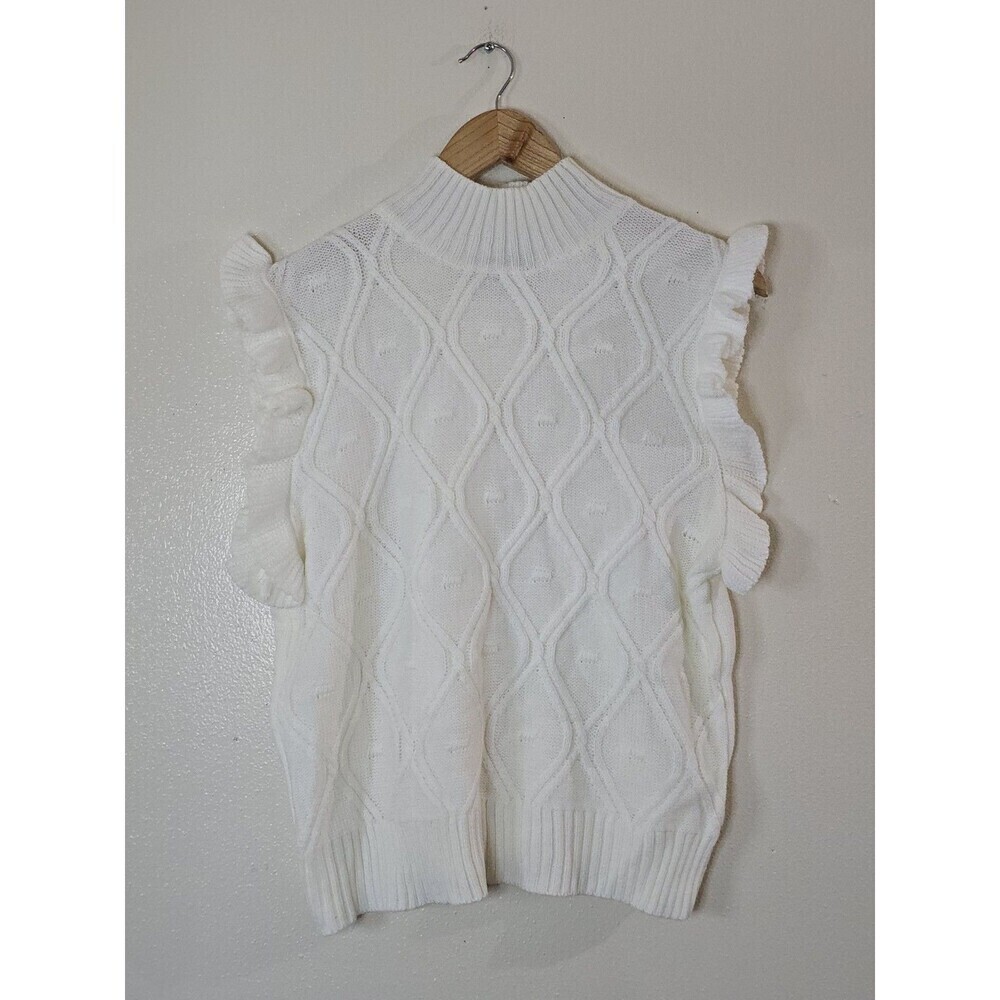 Allegra K White Cable Knit Sweater Vest Ruffle Sleeve Mock Neck Top Size M - Picture 11 of 11